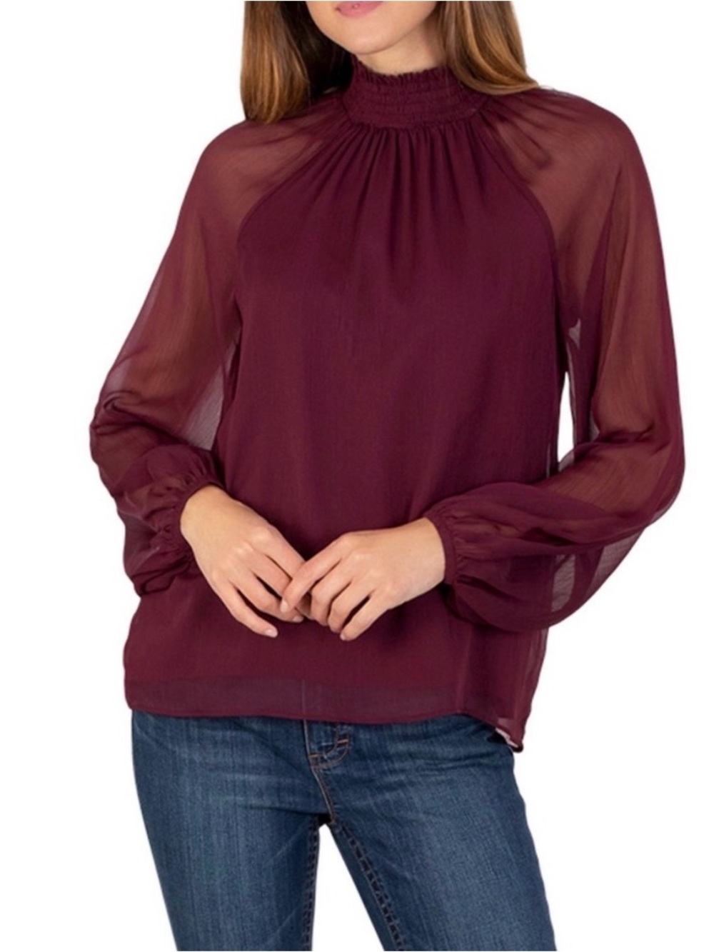 Joie Sheer Smocked-Neck Long-Sleeve Blouse - Deep Wine